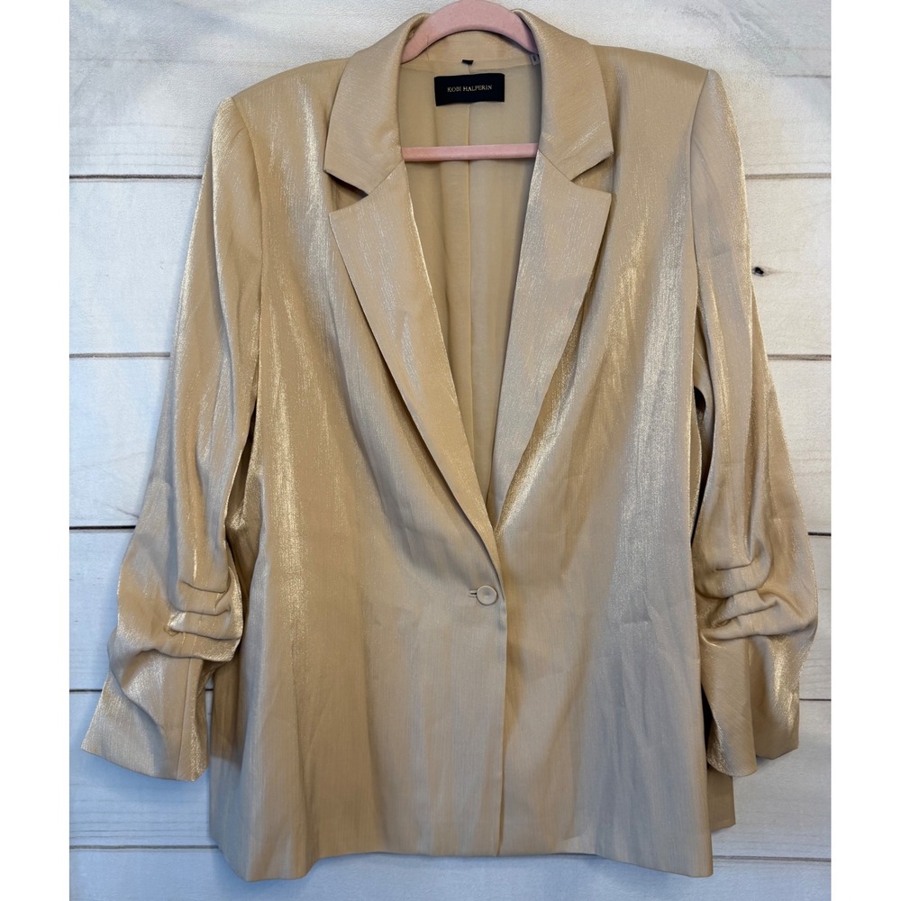 Kobi Halperin Womens Metallic Gold Ruched Sleeve Blazer Jacket XL KU4002